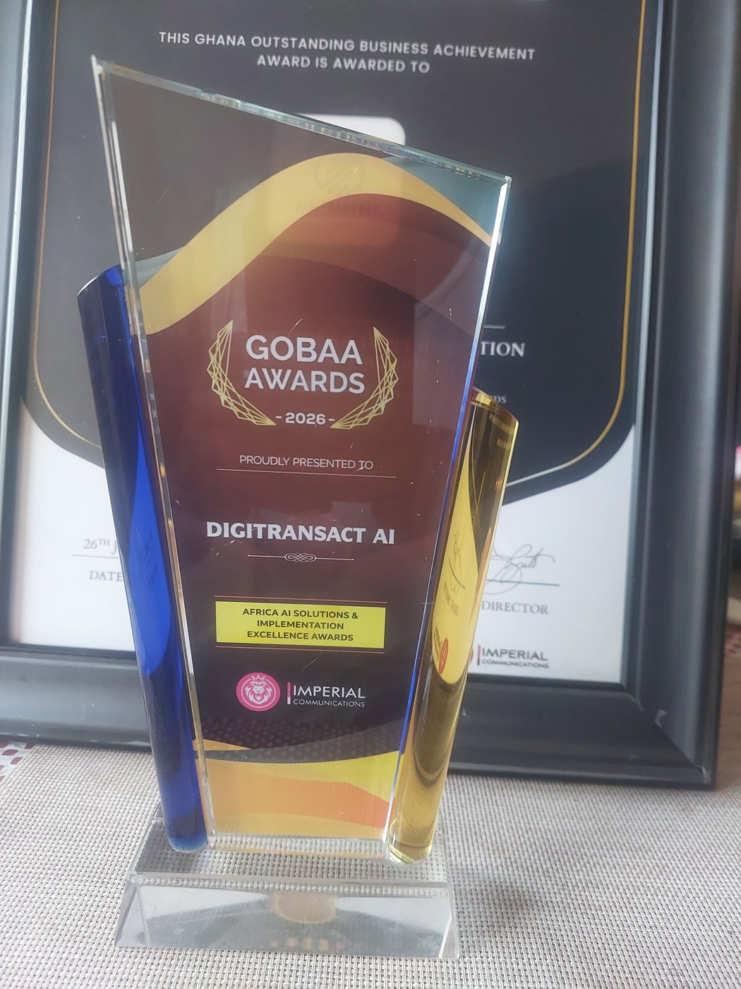 GOBAA Awards 2026 glass trophy presented to DigiTransact AI